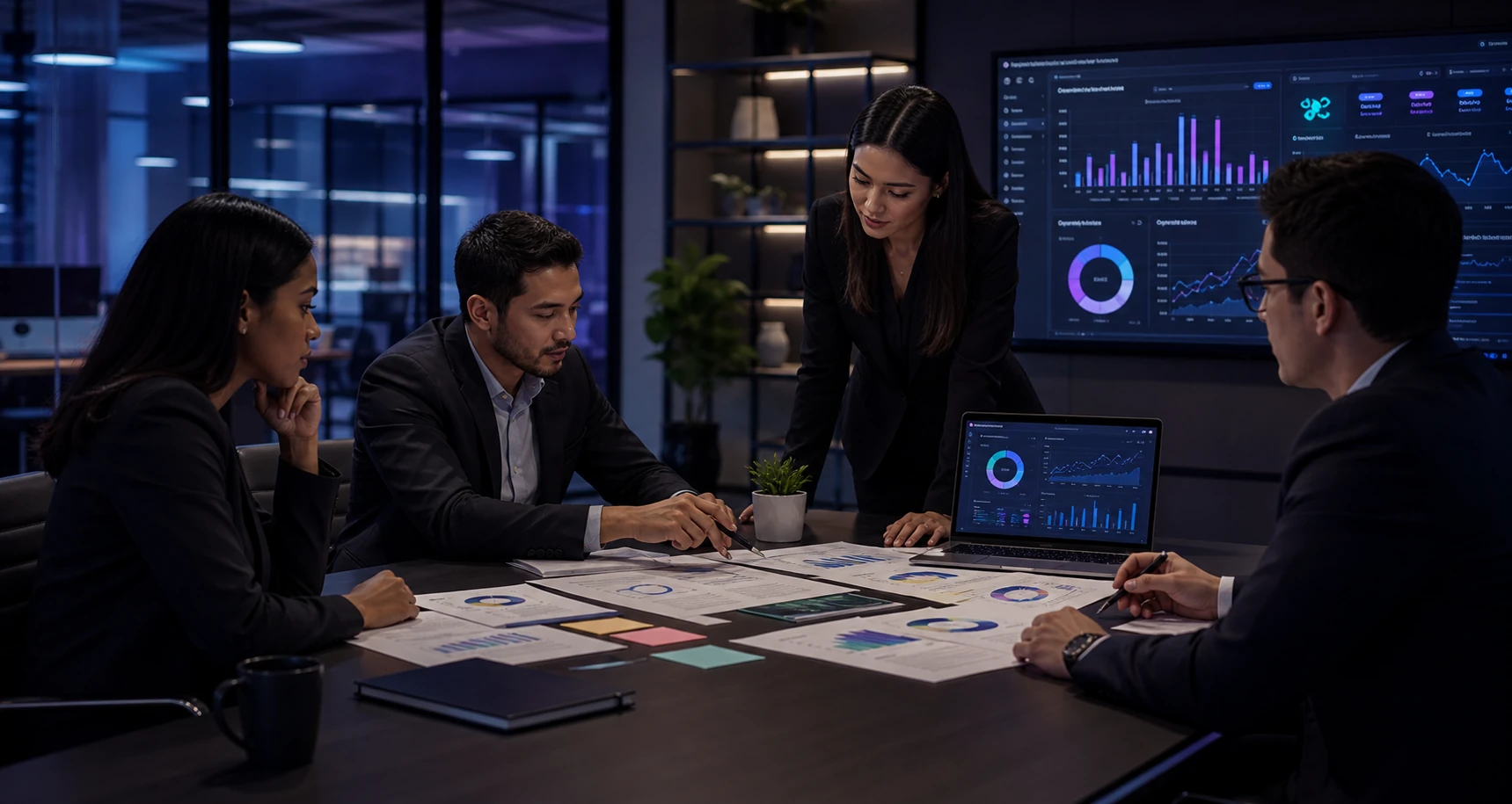 Business leaders collaborating on transformation strategy in a modern office