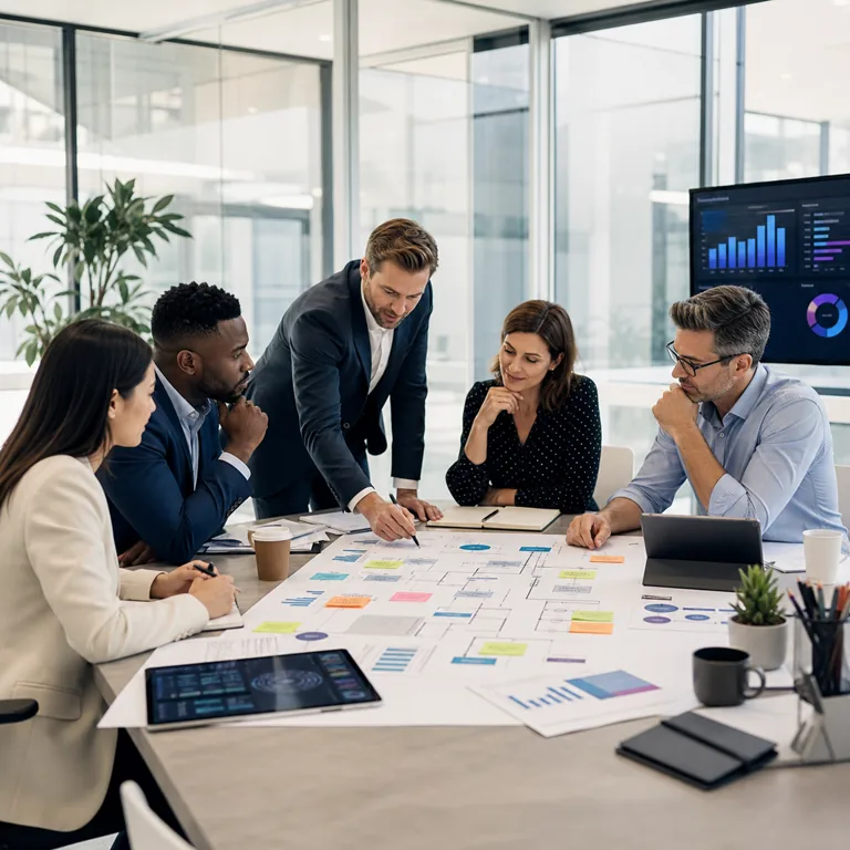 Business team planning strategy, operations, and transformation systems around a meeting table
