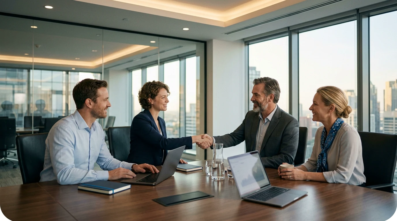 Professional team building customer relationships in a business meeting