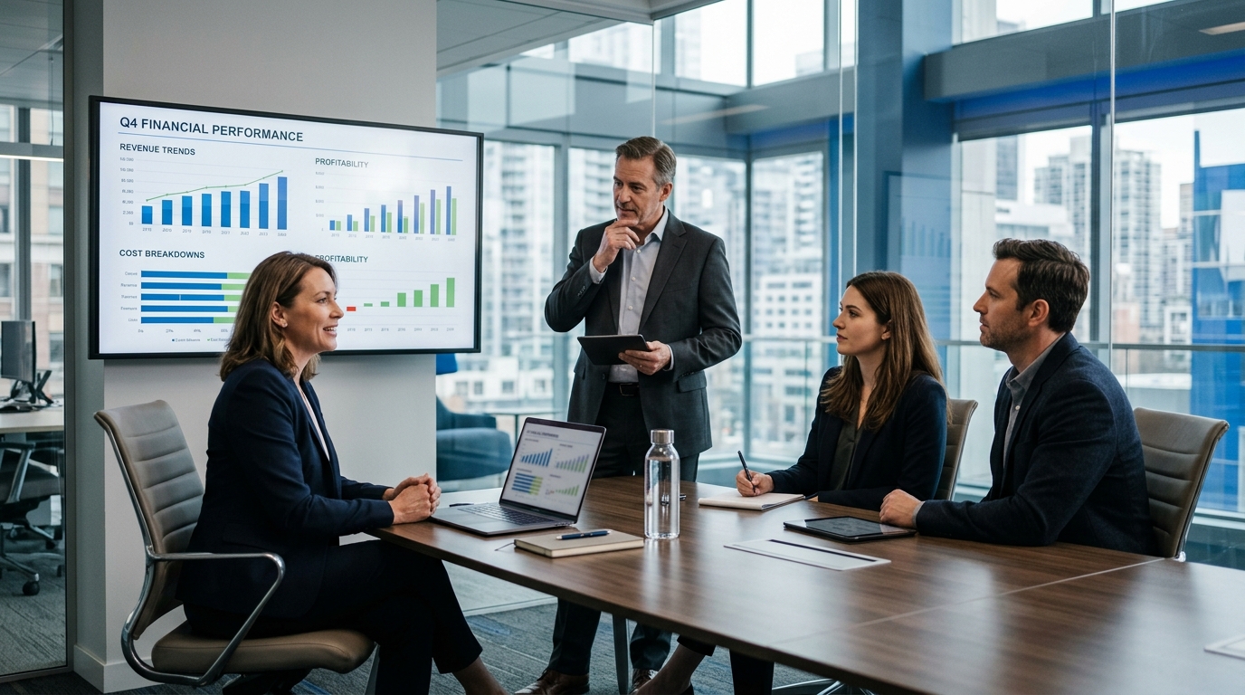 Business profitability dashboard and financial charts in a modern workspace